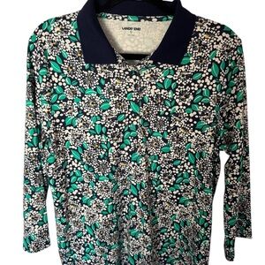 Lands' End Navy and Green Floral Polo